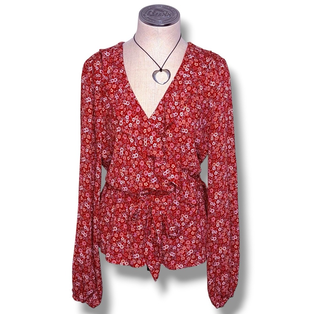 Max Studio Womens XL Floral Tie Waist Blouse Shirt Top Long Sleeve Ruffle Collar